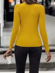 SHEIN Clasi 高领罗纹针织毛衣，长袖上衣 - 黃色 - 查看 2