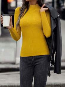 SHEIN Clasi 高领罗纹针织毛衣，长袖上衣 - 黃色 - 查看 4