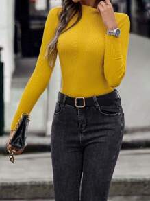 SHEIN Clasi 高领罗纹针织毛衣，长袖上衣 - 黃色 - 查看 5