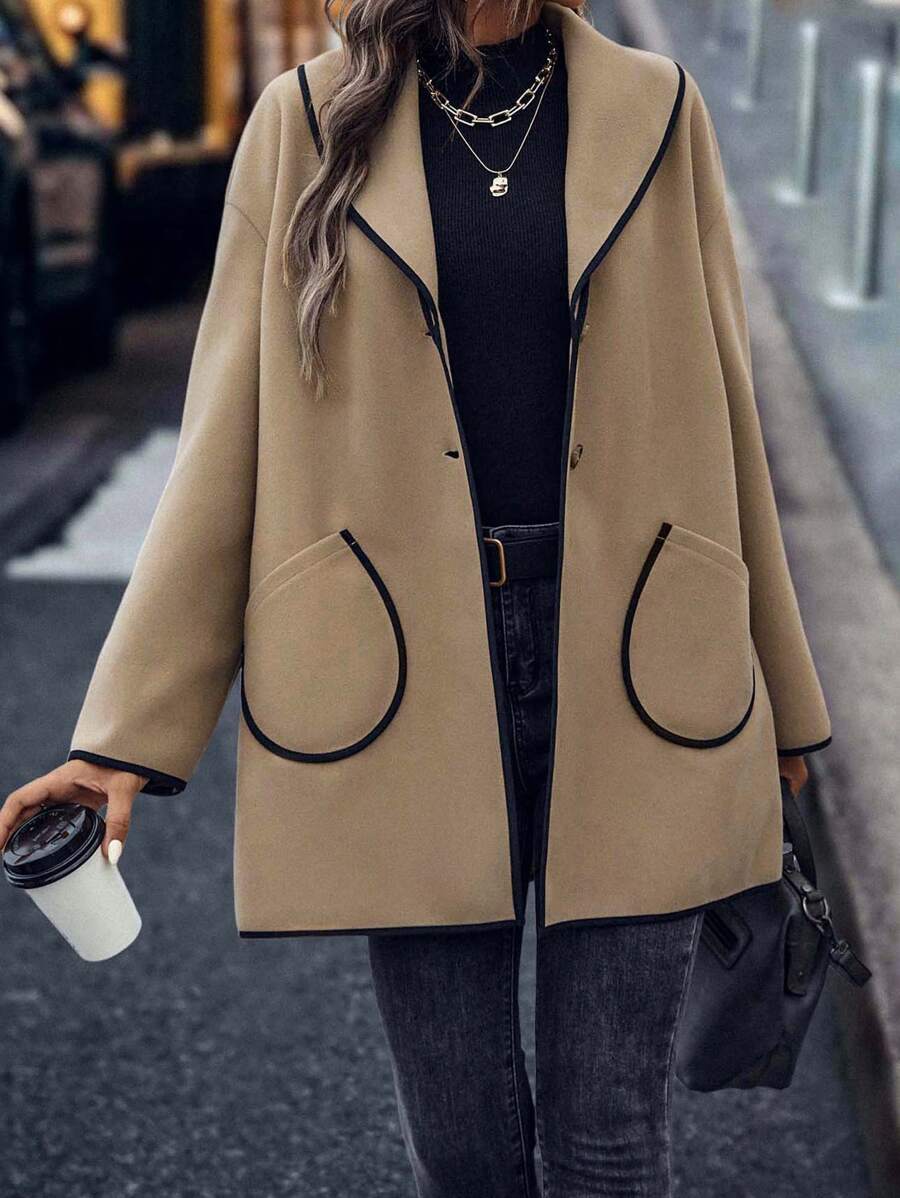 SHEIN Unity Áo khoác ngoài nữ Túi Tương phản ràng buộc Nút phía trước màu trơn Giải trí - Màu Khaki - Xem 1