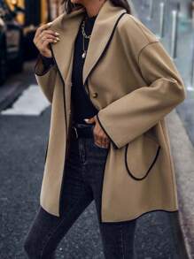 SHEIN Unity Áo khoác ngoài nữ Túi Tương phản ràng buộc Nút phía trước màu trơn Giải trí - Màu Khaki - Xem 3