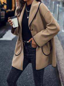 SHEIN Unity Áo khoác ngoài nữ Túi Tương phản ràng buộc Nút phía trước màu trơn Giải trí - Màu Khaki - Xem 4