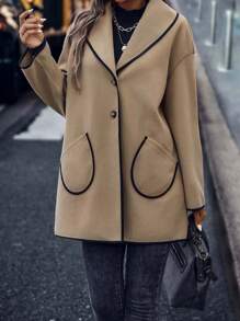 SHEIN Unity Áo khoác ngoài nữ Túi Tương phản ràng buộc Nút phía trước màu trơn Giải trí - Màu Khaki - Xem 5