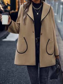 SHEIN Unity Áo khoác ngoài nữ Túi Tương phản ràng buộc Nút phía trước màu trơn Giải trí - Màu Khaki - Xem 6