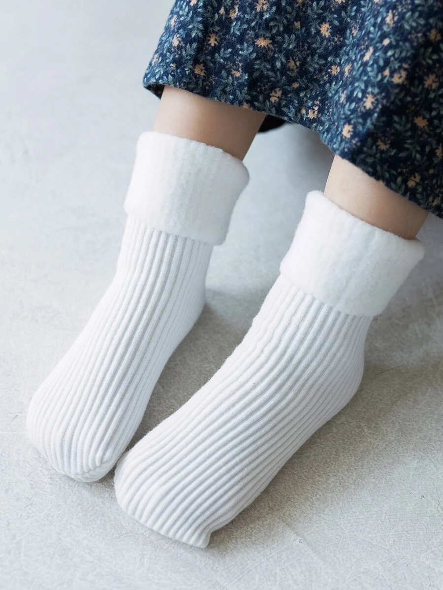 Toddler Kids Solid Plush Lined Crew Socks - White - View 1