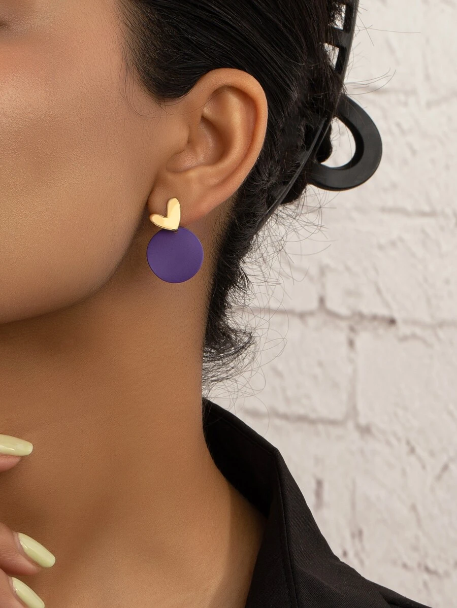 1 Đôi Bông Tai Hình Học Màu Hồng Nóng, Đen, Vòng Tròn Tím & Trái Tim Vàng Dành Cho Nữ, Quà Tặng Phong Cách Dễ Thương - Màu tím - Xem 1