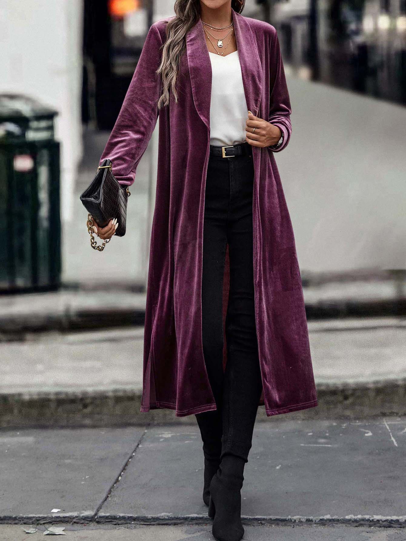 Shawl Collar Velvet Coat Without Belt - Red Violet - View 1