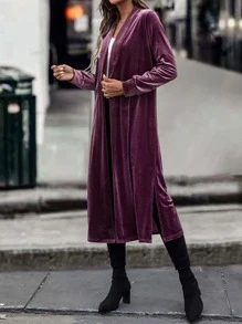 Shawl Collar Velvet Coat Without Belt - Red Violet - View 3