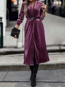 Shawl Collar Velvet Coat Without Belt - Red Violet - View 4