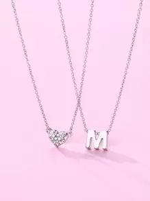 Collar con incrustaciones de diamantes de imitación de plástico transparente con forma de corazón y letra de aleación de zinc de 2 piezas para niñas, ideal para el regalo del día de la madre de su hija - Plateado - Ver 2
