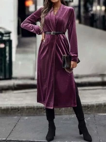 Shawl Collar Velvet Coat Without Belt - Red Violet - View 5