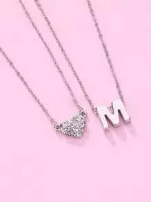 Collar con incrustaciones de diamantes de imitación de plástico transparente con forma de corazón y letra de aleación de zinc de 2 piezas para niñas, ideal para el regalo del día de la madre de su hija - Plateado - Ver 4