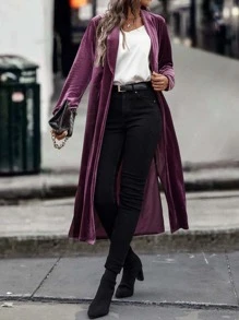 Shawl Collar Velvet Coat Without Belt - Red Violet - View 6