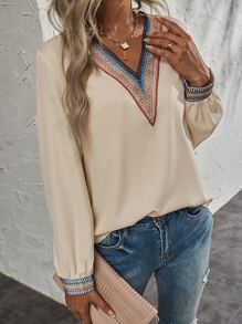 SHEIN LUNE Chevron Embroidery Blouse - Apricot - View 1