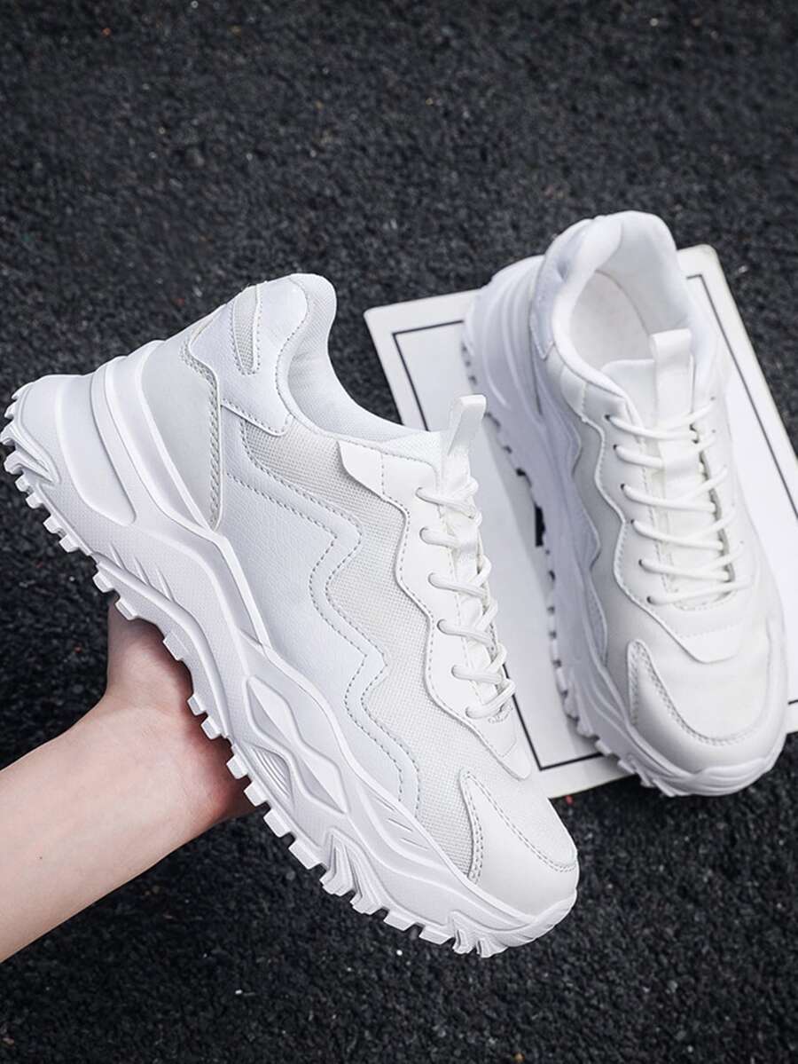 Lace-up Front Chunky Sneakers - White - View 1