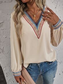 SHEIN LUNE Chevron Embroidery Blouse - Apricot - View 4