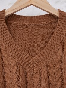 女孩麻花編織落肩袖腰帶毛衣裙 - 咖啡棕 - 查看 4