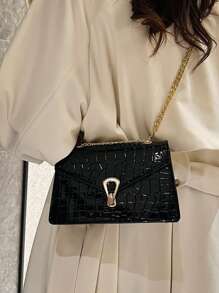 Crocodile Embossed Flap Square Bag - Black - View 5