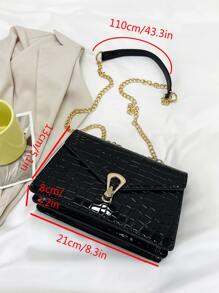 Crocodile Embossed Flap Square Bag - Black - View 6