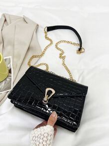 Crocodile Embossed Flap Square Bag - Black - View 3