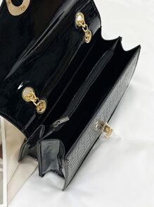 Crocodile Embossed Flap Square Bag - Black - View 8