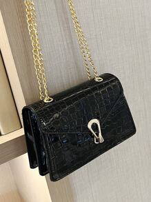Crocodile Embossed Flap Square Bag - Black - View 4