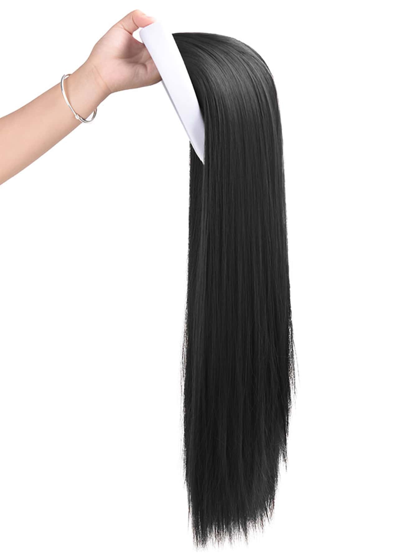 Long Straight Synthetic Wig With Headband - Black - View 1