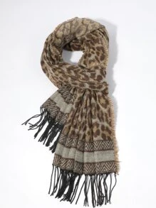 Leopard Pattern Fringe Trim Scarf - Nhiều màu - Xem 1