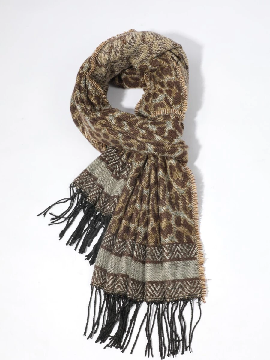 Leopard Pattern Fringe Trim Scarf - Nhiều màu - Xem 1