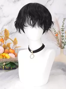 短卷角色扮演合成假髮帶劉海 - 黑色 - 查看 6