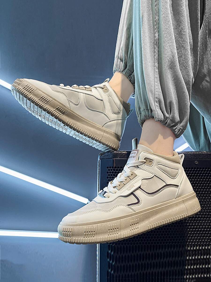 Men Letter Patch Decor Lace-up Front Skate Shoes - Beige - View 1