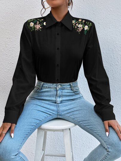 Chiquease Floral Embroidery Button Front Shirt,Long Sleeve Tops Fall Cloth For Women