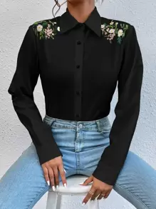 Chiquease Floral Embroidery Button Front Shirt,Long Sleeve Tops Fall Cloth For Women - Black - View 3