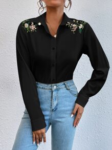 Chiquease Floral Embroidery Button Front Shirt,Long Sleeve Tops Fall Cloth For Women - Black - View 4