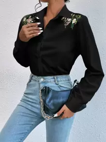 Chiquease Floral Embroidery Button Front Shirt,Long Sleeve Tops Fall Cloth For Women - Black - View 5