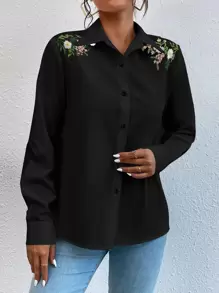 Chiquease Floral Embroidery Button Front Shirt,Long Sleeve Tops Fall Cloth For Women - Black - View 6