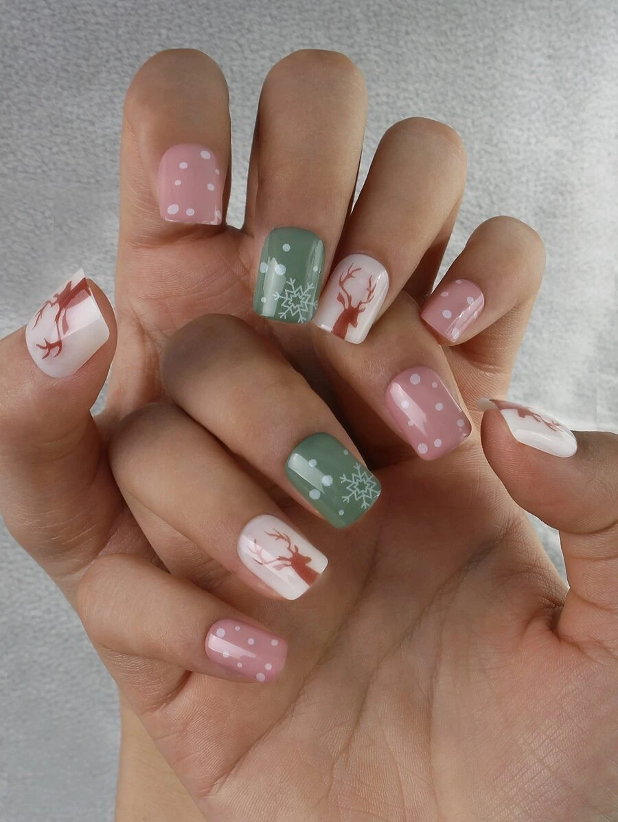 Christmas 24pcs Short Square Snowflake Pattern Fake Nail & 1pc Nail File & 1sheet Nail Tape - Multicolor - View 1