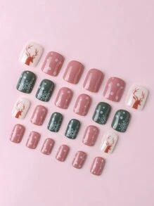 Christmas 24pcs Short Square Snowflake Pattern Fake Nail & 1pc Nail File & 1sheet Nail Tape - Multicolor - View 5