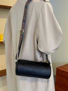 流行風格圓筒造型復古斜挎包,圓形桶波西m亞別緻郵差包,素色肩帶托特包帶圖案,時尚和簡約風,合適的適用於日常通勤和單肩包 - 黑色 - 查看 2