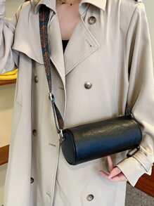 流行風格圓筒造型復古斜挎包,圓形桶波西m亞別緻郵差包,素色肩帶托特包帶圖案,時尚和簡約風,合適的適用於日常通勤和單肩包 - 黑色 - 查看 3