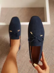 Bow Decor Faux Suede Flat Loafers - Navy Blue - View 1