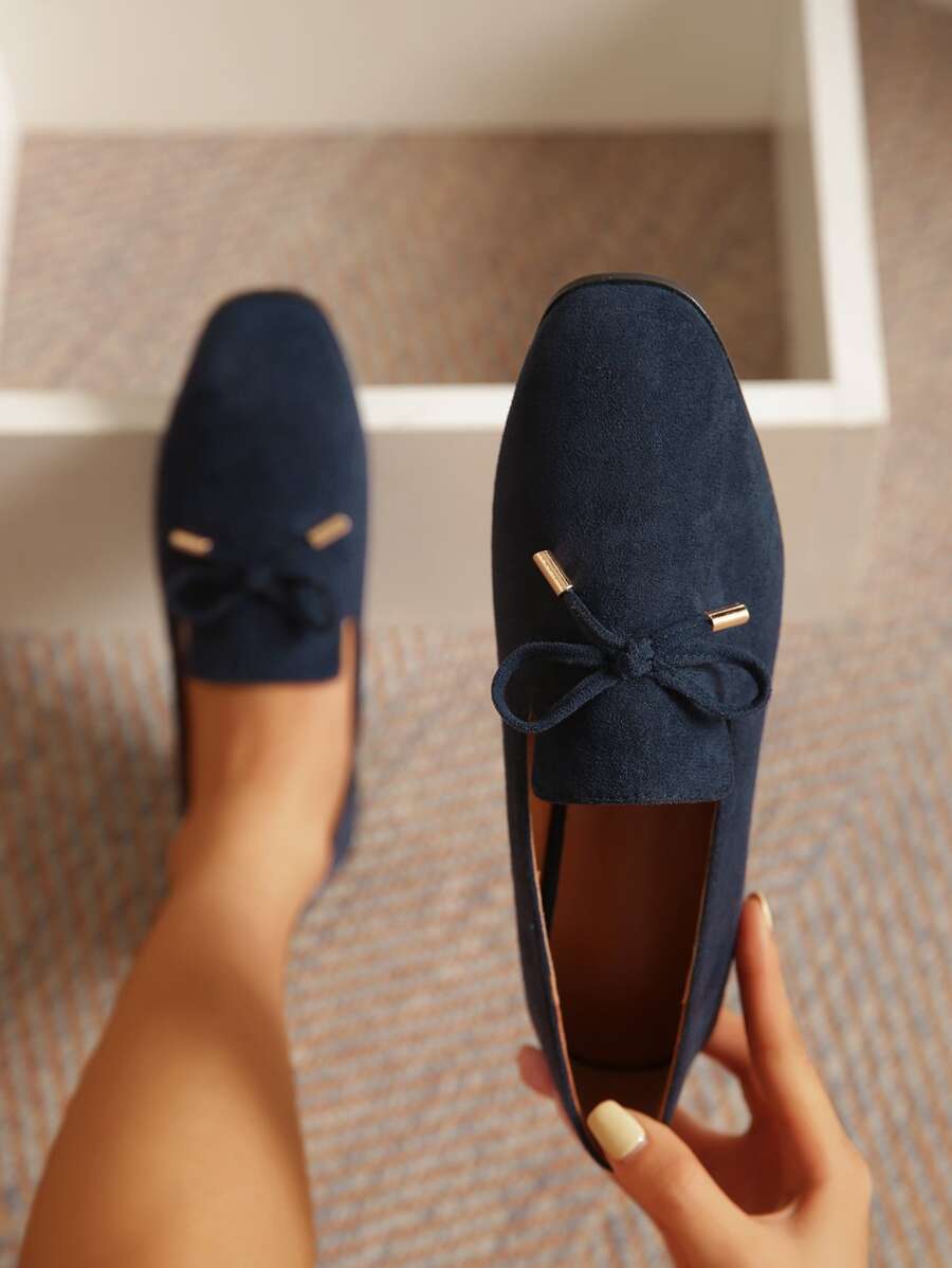 Bow Decor Faux Suede Flat Loafers - Navy Blue - View 1