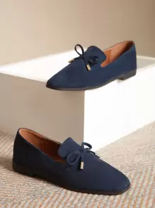 Bow Decor Faux Suede Flat Loafers - Navy Blue - View 3