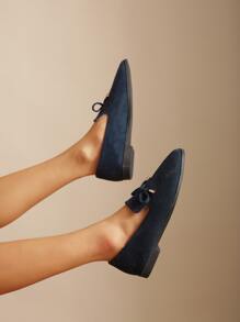 Bow Decor Faux Suede Flat Loafers - Navy Blue - View 4
