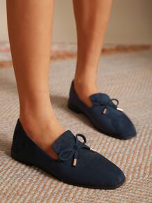 Bow Decor Faux Suede Flat Loafers - Navy Blue - View 2