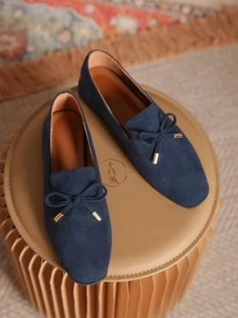 Bow Decor Faux Suede Flat Loafers - Navy Blue - View 5
