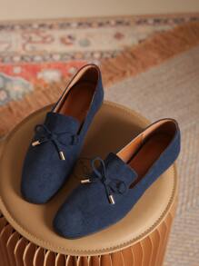 Bow Decor Faux Suede Flat Loafers - Navy Blue - View 6