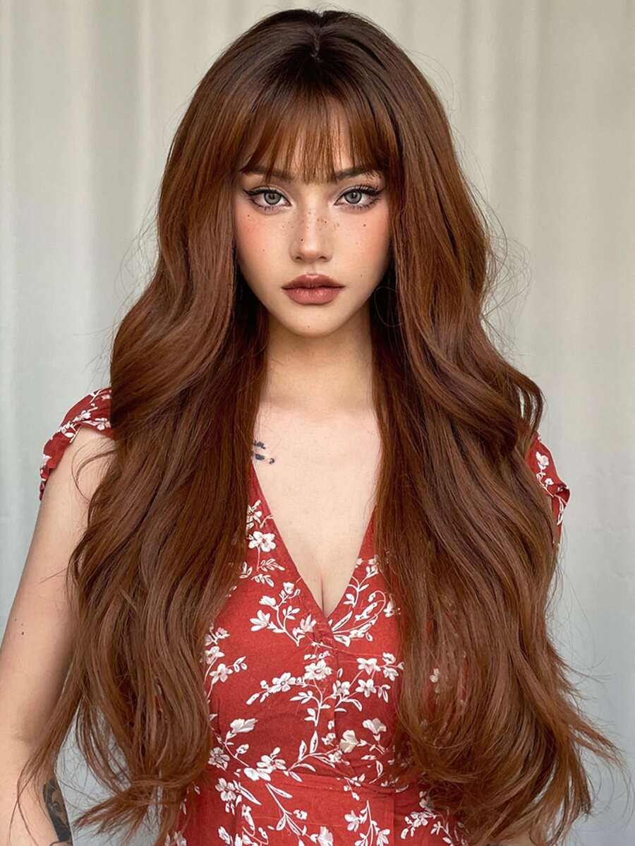 Nâu Dài 28 Inch Xoăn Tổng Hợp Tóc Giả Với Bangs Cho Nữ Tự Nhiên Sóng Thân Tóc Giả Dành Cho Bữa Tiệc Hàng Ngày Cosplay chịu Nhiệt Tóc Giả