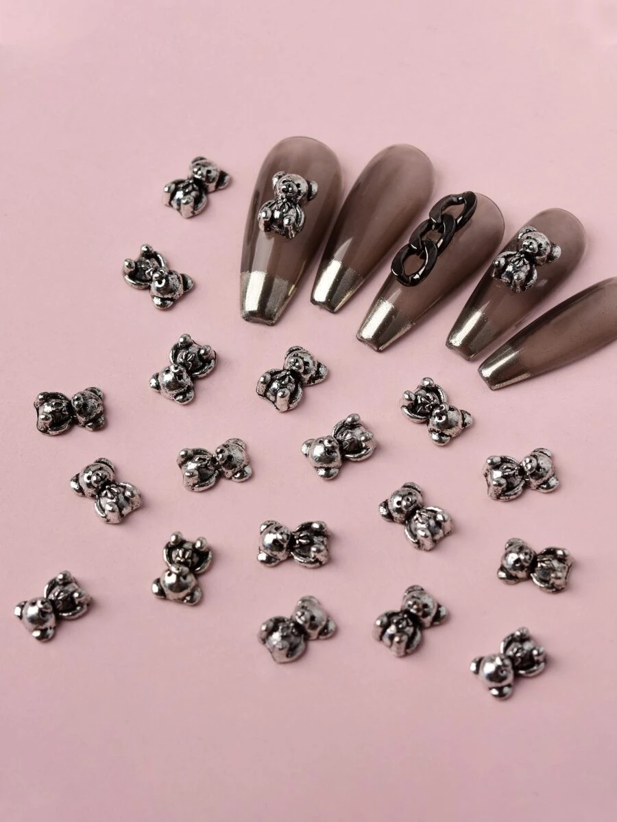 20Pcs Silver-Tone 3D Bear Shape Alloy Charm Diy Nail Charms Nail Gems Nail Supplies Nails - Silver - View 1