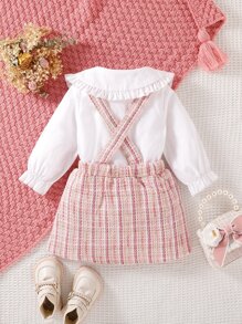 嬰兒荷葉袖誇大領口襯衫和格紋印花背帶半身裙 - 彩色 - 查看 2